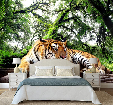 Тигр под деревом в интерьере спальни