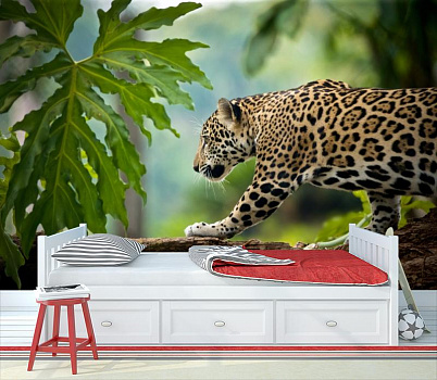 Леопард на охоте в интерьере детской комнаты мальчика