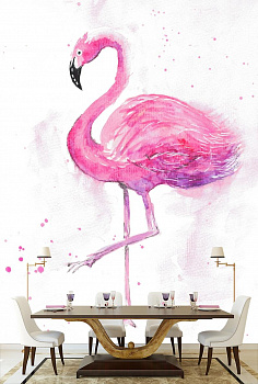 Розовый фламинго в интерьере кухни с большим столом
