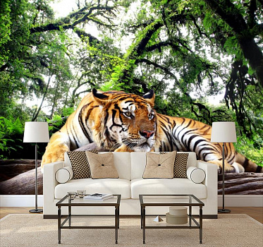 Тигр под деревом в интерьере гостиной с диваном